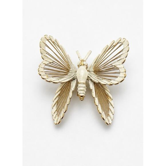Monet Jewelry - Monet Butterfly Brooch White Enamel Gold Tone Openwork Wings 1.75” Vintage Pin